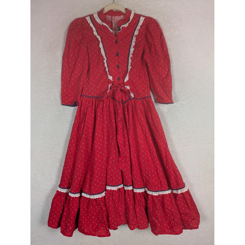 Vintage Prairie Dress Women's XS Red Floral Eyelet Ruffle Tiered Midi Boho